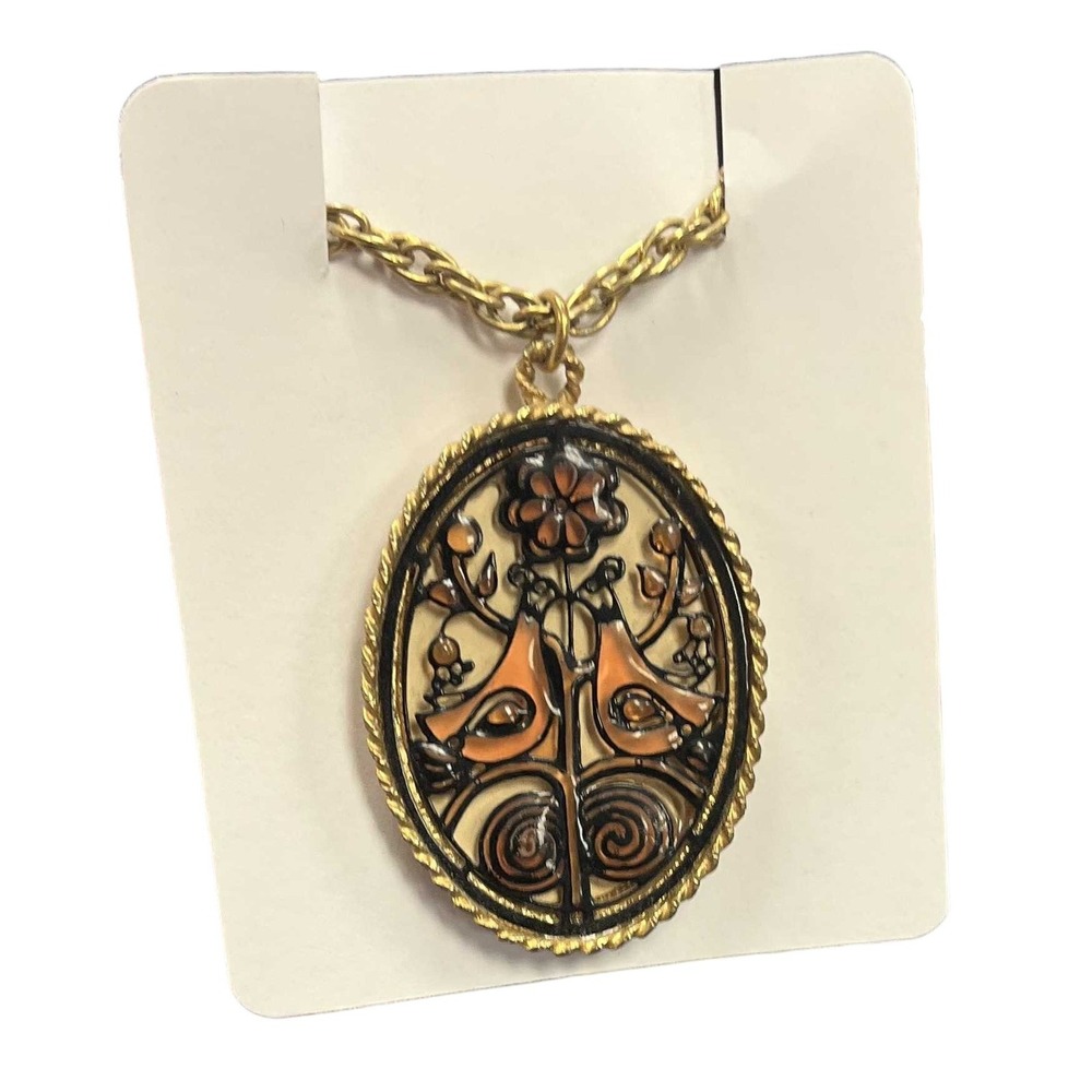 Vintage Gold Tone Faux Stained Glass Floral Kissing Birds Braided Edge Necklace